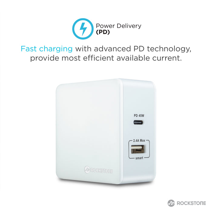 PD45 Power Delivery Wall Charger with 2.4A USB port